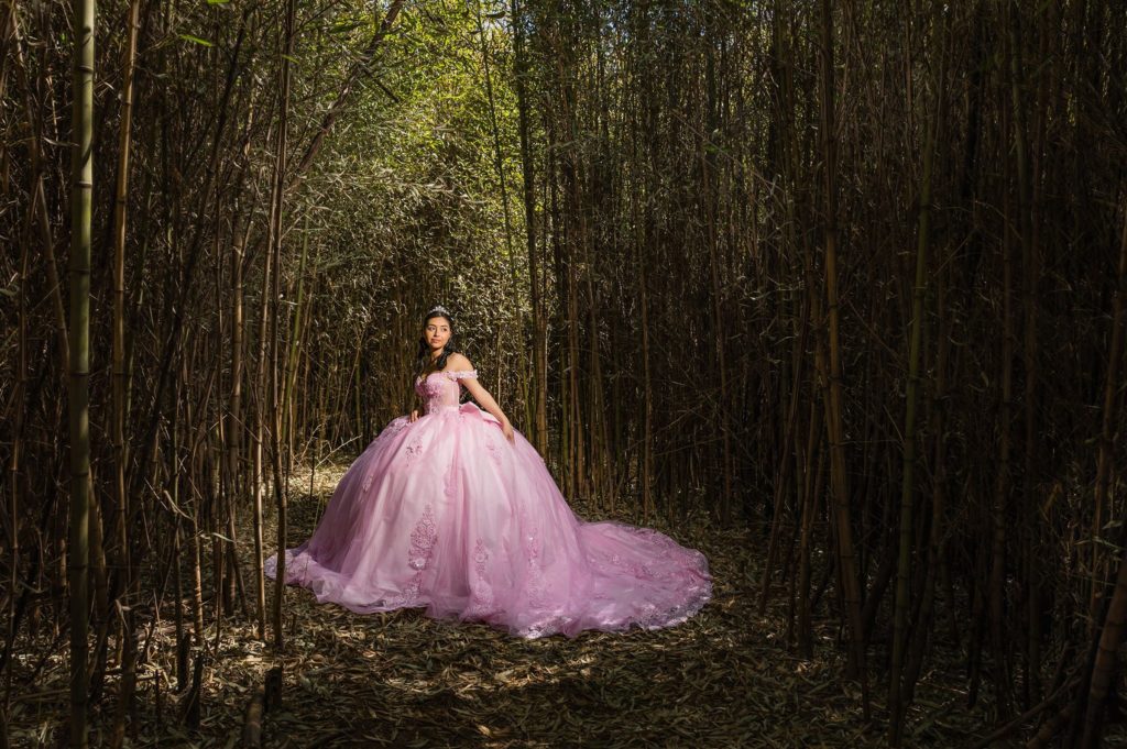 A creative photo of the quinceanera in the bamboo at Knoxville botanical garden