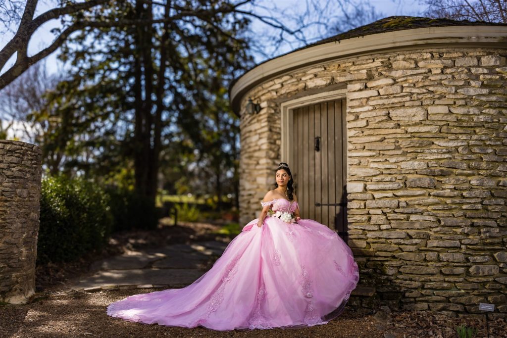 An artistic quinceanera photo at Knoxville botanical garden
